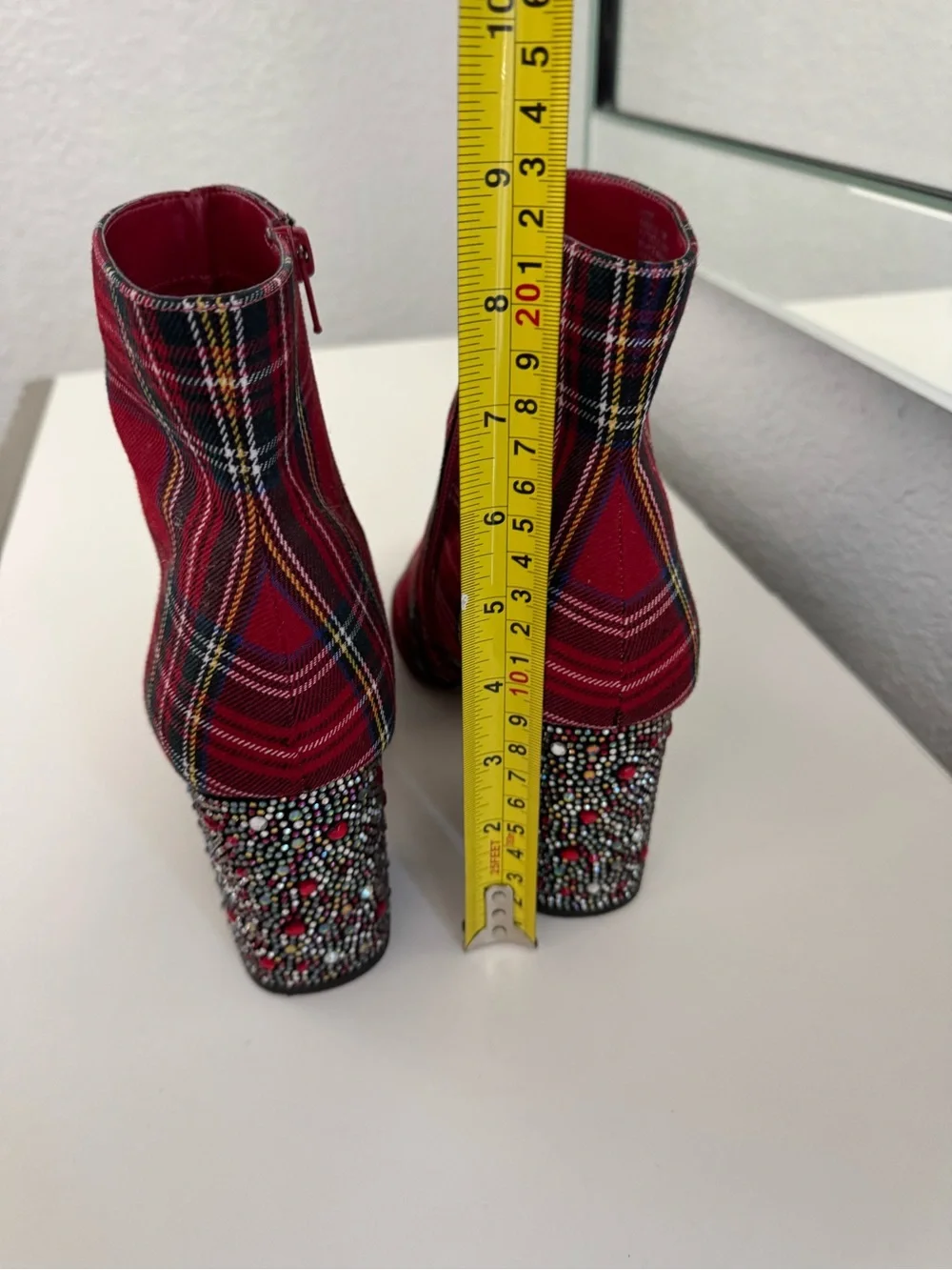 Betsey Johnson Red Plaid Ankle Boots with Embellished Block Heel